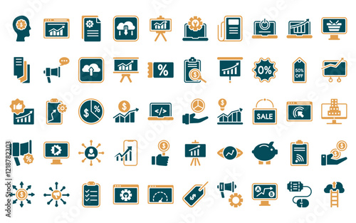 50 linear marketing icon pack. vector thin line ratio, crm, content management, download from cloud, fluctuation, configuration, gazette icons suitable for apps and websites ui designs.