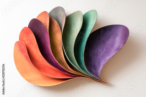 Abstract floral art with curved suede material petals in earthy colors, isolated on white background