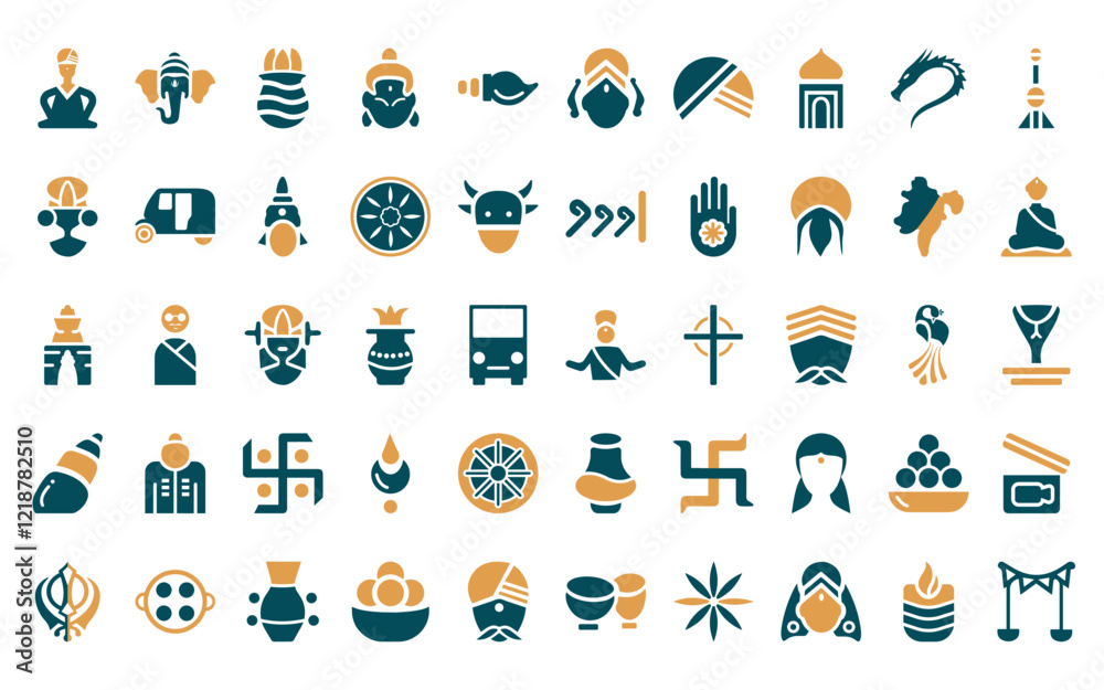 Naklejka premium 50 linear india icon pack. vector thin line brahman, indian elephant, ugadi, krishna, biju janata dal, durga puja, turban icons suitable for apps and websites ui designs.