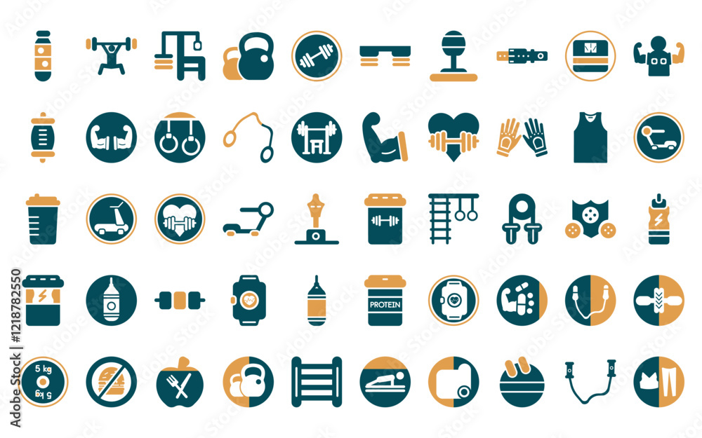 50 linear gymandfitness icon pack. vector thin line supplement, weightlifting, gym station, kettlebells, weight bar, fitness step, punching ball icons suitable for apps and websites ui designs. 50 linear gymandfitness icon pack. vector thin line supplement, weightlifting, gym station, kettlebells, weight bar, fitness step, punching ball icons suitable for apps and websites ui designs.