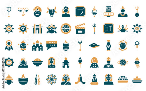 50 linear india and holi icon pack. vector thin line trisul, navratri, indian man, indian cow,  , bengali language, devi icons suitable for apps and websites ui designs.