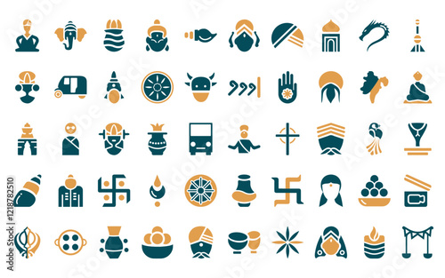 50 linear india icon pack. vector thin line brahman, indian elephant, ugadi, krishna, biju janata dal, durga puja, turban icons suitable for apps and websites ui designs.