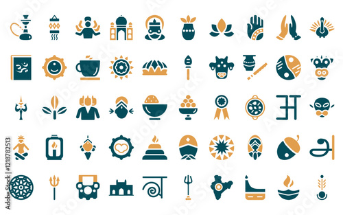 50 linear india icon pack. vector thin line laddu, kandeel, indian goddess, taj mahal, kathakali, kumbh kalash, chakra icons suitable for apps and websites ui designs.