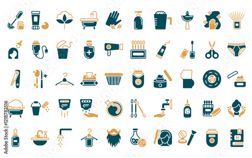 50 linear hygiene icon pack. vector thin line depilator, shaving gel, cotton, bathroom, pathogen, pump bottle, detergent dose icons suitable for apps and websites ui designs.