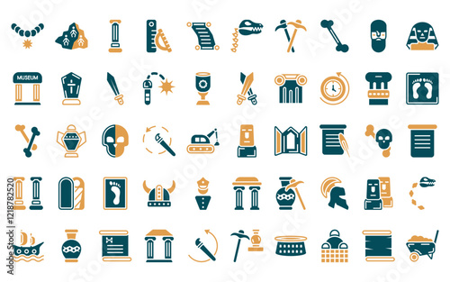 50 linear history icon pack. vector thin line moais, stone, column, ruler, cart, fossil, pick icons suitable for apps and websites ui designs.