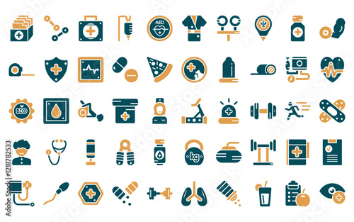 50 linear health and medical icon pack. vector thin line treadmill, dumbbells, health care, saline, defibrillator, patient robe, optometrist icons suitable for apps and websites ui designs.