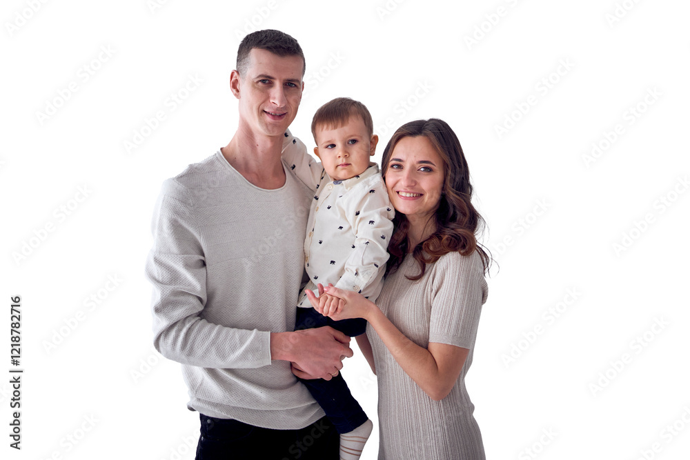 minimalist portrait of a mother, father and their two-year-old son on a white background minimalist portrait of a mother, father and their two-year-old son on a white background