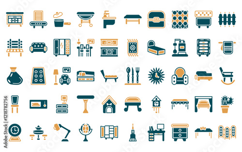 50 linear furniture and household icon pack. vector thin line silverware, dehumidifier, small saucepan, gateleg table, bidet, table, chest icons suitable for apps and websites ui designs.