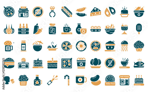 50 linear food icon pack. vector thin line chote donut, candy shop, forbidden burguer, ring pop, hot dog with mustard, sausages, cheese wedge icons suitable for apps and websites ui designs.