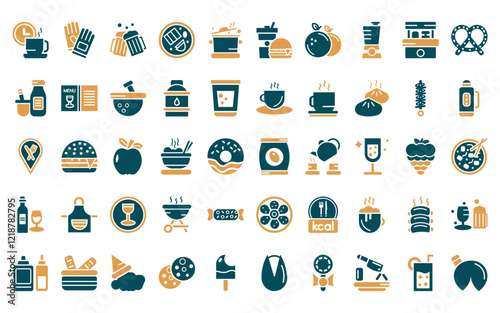 50 linear food icon pack. vector thin line pack, protection gloves, beers, hainanese chicken, stew, junk food, slot icons suitable for apps and websites ui designs.