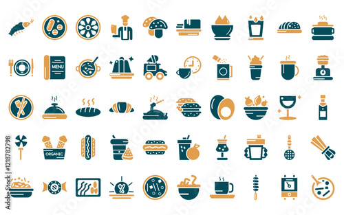 50 linear food icon pack. vector thin line arons, vitamins, lemon slice, butcher, mushrooms, butter, fried tofu curd balls icons suitable for apps and websites ui designs.