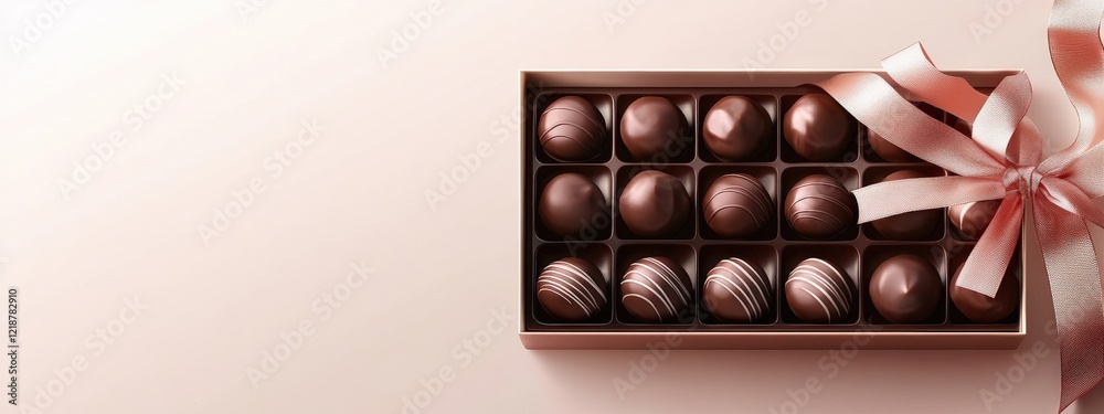 Obraz premium Elegant chocolate box with assorted chocolates and a delicate ribbon for gift giving and celebrations