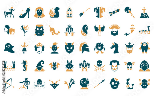 50 linear fairy tale icon pack. vector thin line warrior, cinderella shoe, little red riding hood, gryphon, stained glass, broomstick, armor icons suitable for apps and websites ui designs.