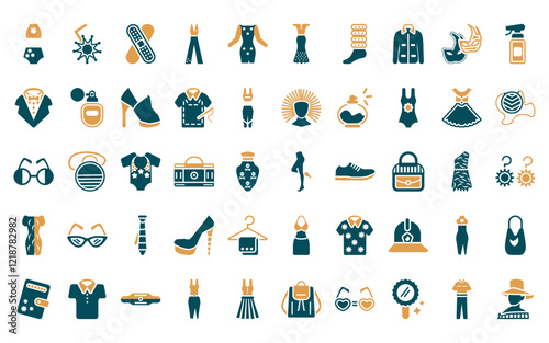 50 linear fashion icon pack. vector thin line tights, stud, bandages, elegante, long sleeve flowy dress, cord lace, leg warmer icons suitable for apps and websites ui designs.