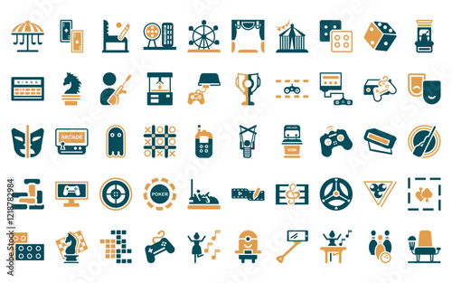 50 linear entertainment icon pack. vector thin line puppet show, ace of spades, pinball, lottery game, ferris wheel, curtain stage, festival icons suitable for apps and websites ui designs.