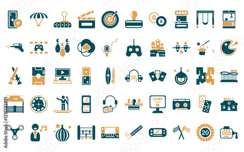 50 linear entertainment icon pack. vector thin line earphone, paraplane, joystick, clapboard, dart, controller, eight ball icons suitable for apps and websites ui designs.