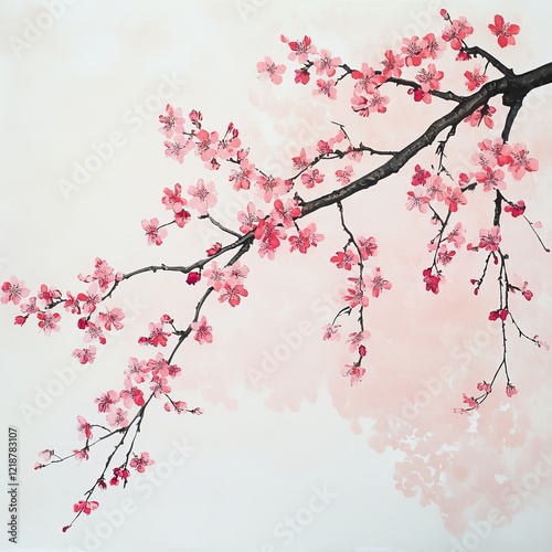 Watercolor cherry blossom branch with pink petals, spring background