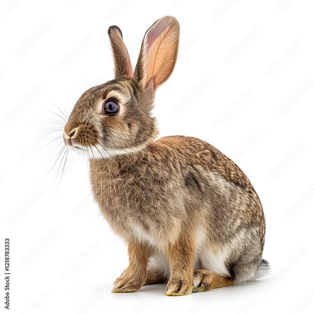 Fototapeta premium Cute Brown Rabbit Sitting on White Background with Large Ears