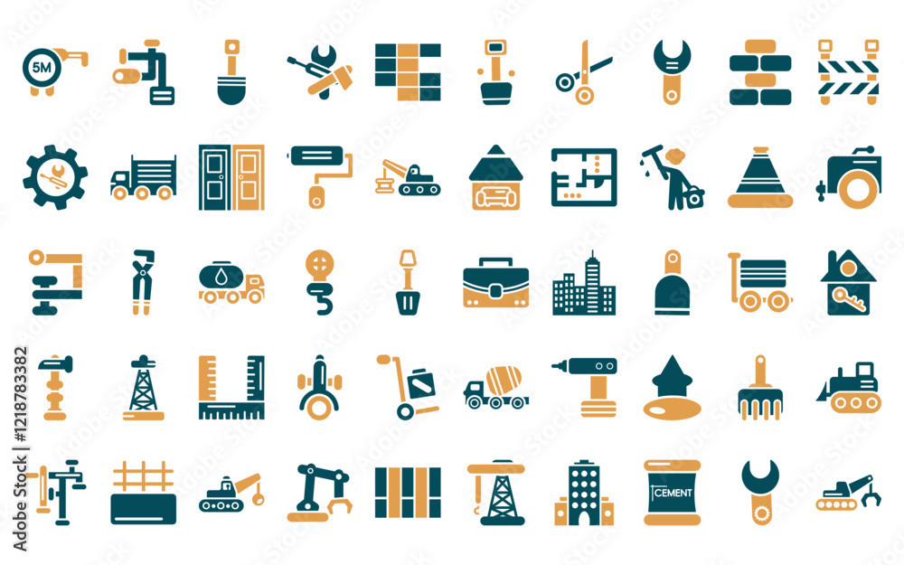 Obraz premium 50 linear construction icon pack. vector thin line cement, screwdriver, circuit breaker, blueprint, measuring wheel, brick hammer, tools icons suitable for apps and websites ui designs.