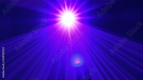 Deep ultraviolet hues and a bright lens flare highlight NEON REVERBERATION, with light streaks and vivid purples in high contrast.