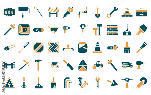 50 linear construction icon pack. vector thin line derrick with boxes, wrench and gear, progress, inclined shovel, pulley hook, dump truck, construction plan icons suitable for apps and websites ui