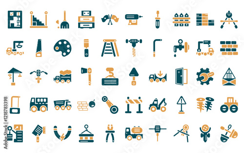 50 linear construction icon pack. vector thin line jackhammer, beam, vise, bolster, plier, putty knife, cement mixers icons suitable for apps and websites ui designs.