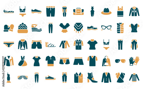 50 linear clothes icon pack. vector thin line denim shirt, lingerie, soccer shoe, chino shorts, leggins, messenger bag, cocktail dress icons suitable for apps and websites ui designs.
