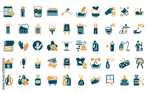 50 linear cleaning icon pack. vector thin line clean room, suspension, emulsion, scrub brush, states of matter, delicate, washing clothes icons suitable for apps and websites ui designs.