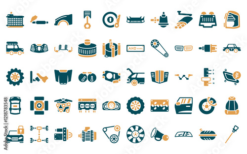50 linear car parts icon pack. vector thin line car boot, car tailpipe, fender (us, canadian), piston, ignition, bumper, sump icons suitable for apps and websites ui designs.