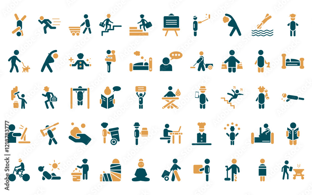 50 linear behavior icon pack. vector thin line man ironing, man running, man shopping, climbing stairs, climbing, presentation whiteboard, taking a selfie icons suitable for apps and websites ui 50 linear behavior icon pack. vector thin line man ironing, man running, man shopping, climbing stairs, climbing, presentation whiteboard, taking a selfie icons suitable for apps and websites ui