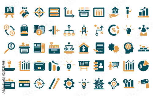50 linear business icon pack. vector thin line mortgage loan, cooperate, circular target, basic burger, bar diagram, work table, progress report icons suitable for apps and websites ui designs.