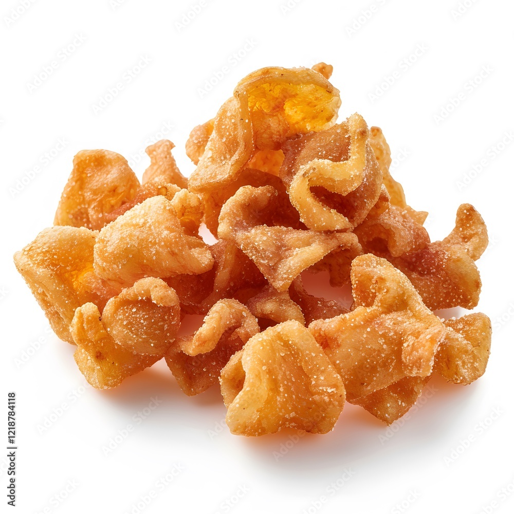 Crispy Golden Pork Cracklings Piled High on a White Background Crispy Golden Pork Cracklings Piled High on a White Background
