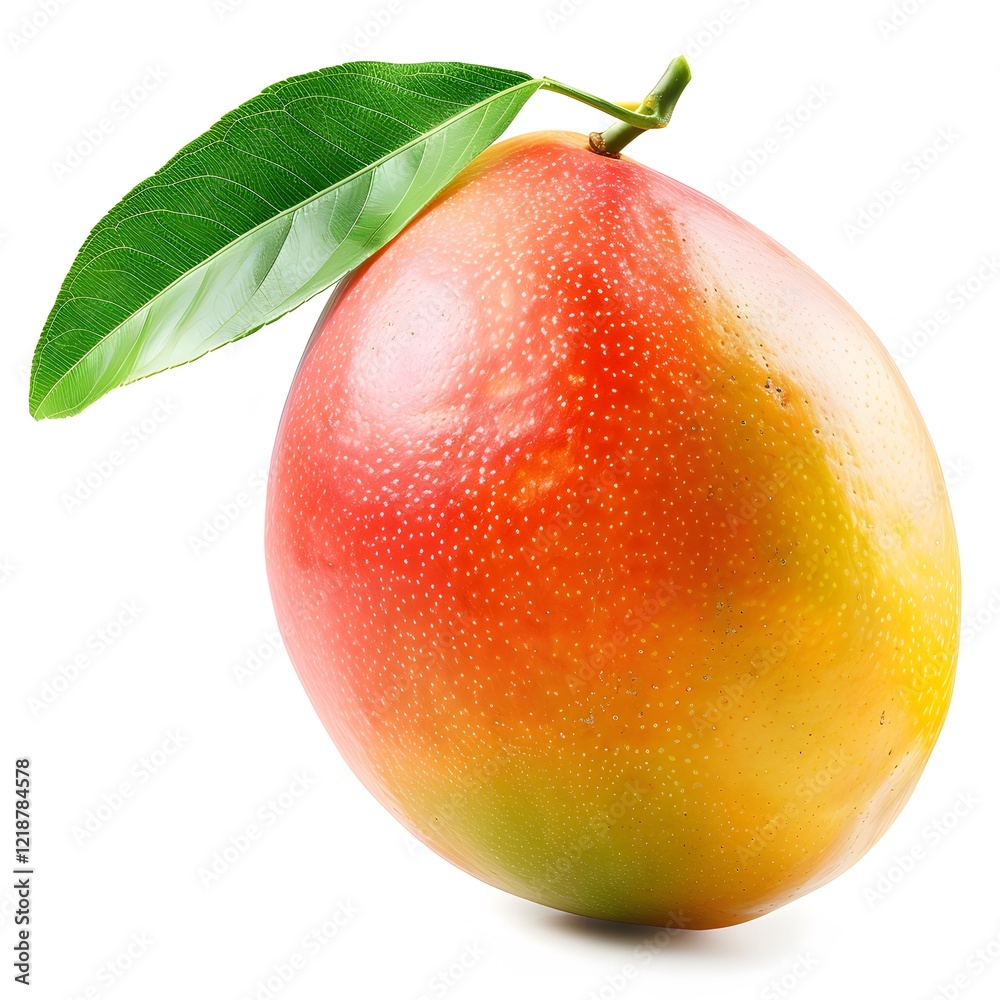 Fresh and Juicy Mango with Leaf Isolated on White Background Fresh and Juicy Mango with Leaf Isolated on White Background