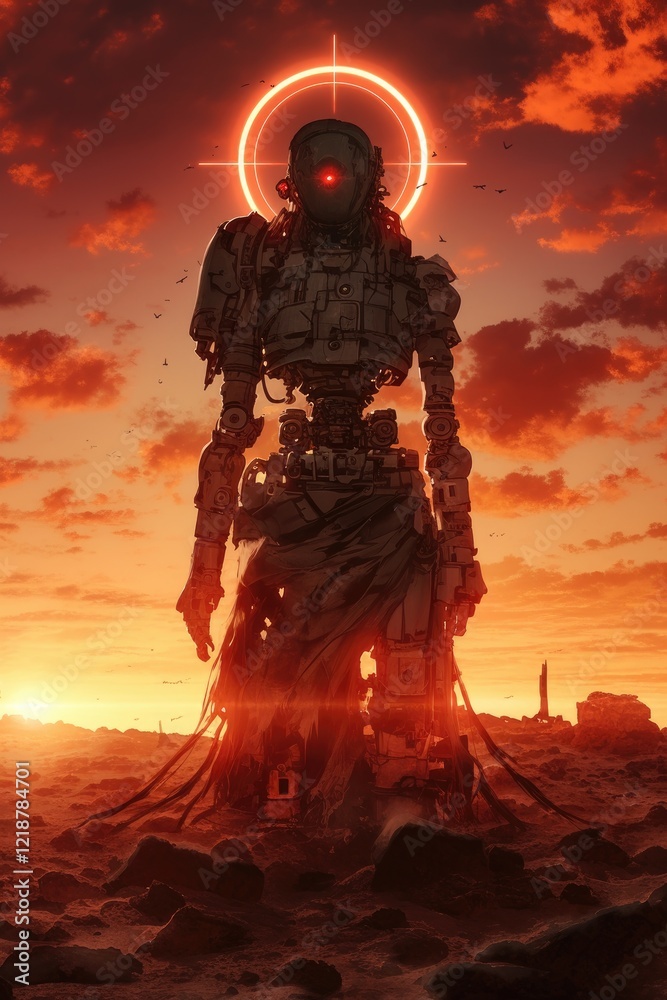 Fototapeta premium Ruined Robot Stands Silhouetted Against Sunset Sky