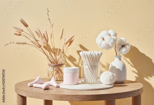 Still life with cotton flowers, swabs, and pink containers on wood table