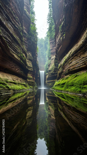 well-being mental health concept. Serene waterfall flows through a narrow canyon surrounded by lush greenery.
