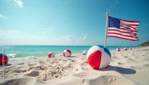 Independence Day celebration, relaxed mood, beach ball and American flag, sunny seaside background