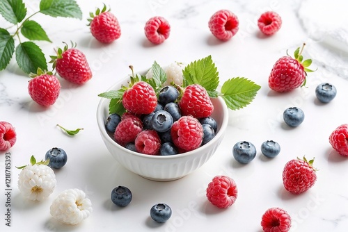 Fresh raspberries and blueberries in a white bowl on marble surface
