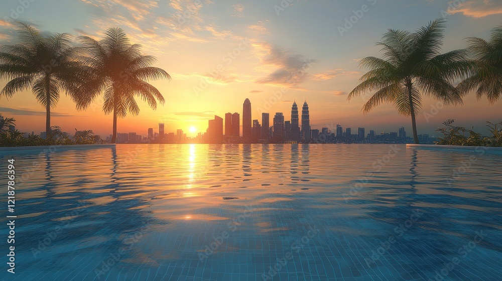Fototapeta premium Sunset pool view of city skyline