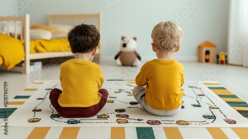 Two children in matching yellow sweaters sit on a colorful rug, facing a plush toy, in a cozy, bright room with a bed in the background. photo