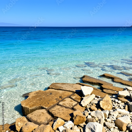 Blue crystal waters at a small beach near archaeological site of Heraion, sanctuary of goddess Hera, in Perachora, Loutraki, Greece photo