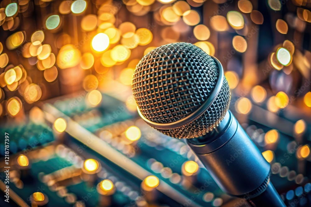 Obraz premium Bokeh-blurred circuit board frames a close-up of a professional studio microphone.