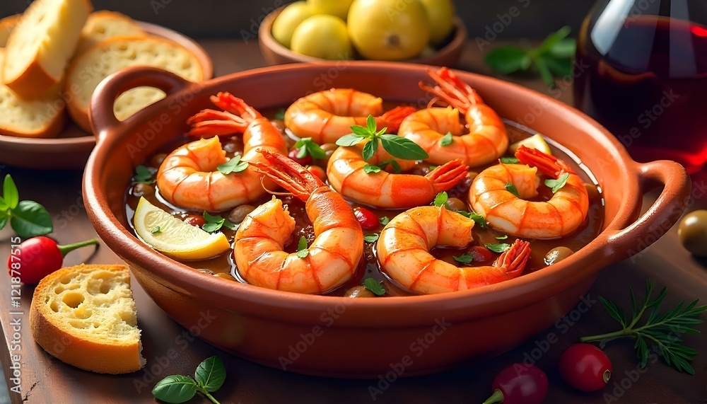 A mouthwatering family style serving of gambas al ajillo in a terracotta bowl with a garlic sauce A mouthwatering family style serving of gambas al ajillo in a terracotta bowl with a garlic sauce