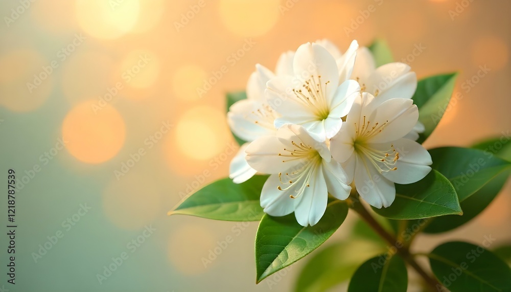 Fototapeta premium Close up of white cherry blossoms with soft pink accents, set against a pale blue background