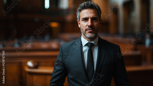 A charismatic lawyer in a dark suit and tie, standing in front of a courtroom with soft natural lighting photo