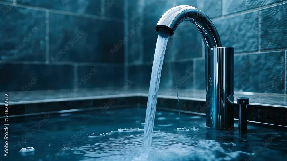 Clean water streaming from sleek chrome faucet into pristine white sink, generating foamy bubbles during thorough hygiene process video 4k