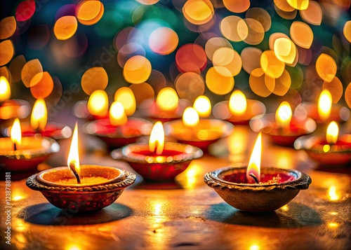 Celebrate Diwali! Miniature diya lamps illuminate a tilt-shift festival of lights, wishing you a Happy Diwali. photo