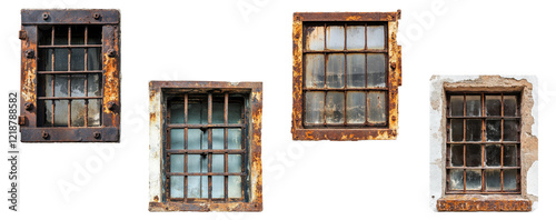 Set of rusty metal-barred windows with aged textures, isolated on transparent background