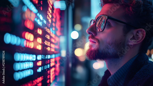 A man wearing glasses observes illuminated financial data on a screen, surrounded by vibrant neon lights and bokeh.