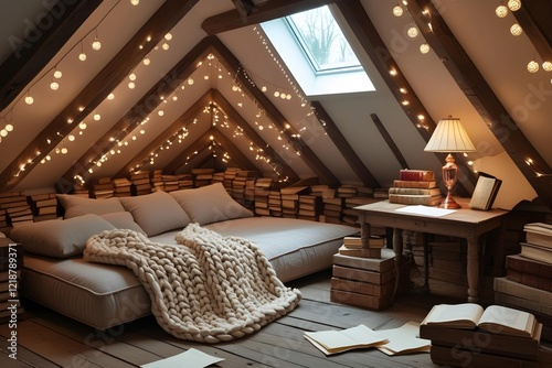 a converted attic with slanted wooden ceilings, a daybed with a cozy blanket, fairy lights hanging along the walls, and a skylight letting in soft sunlight photo